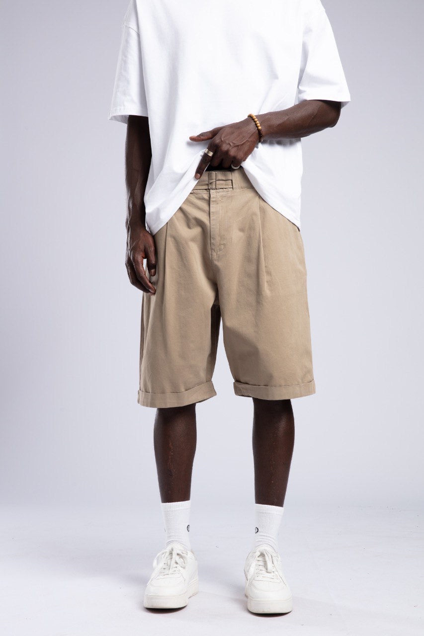 White Oversized Tee & Beige Cargo Shorts Set