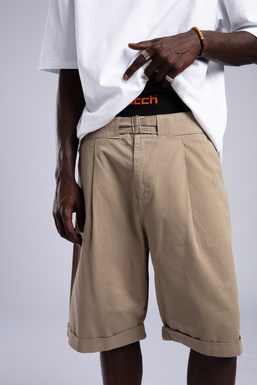 White Oversized Tee & Beige Cargo Shorts Set