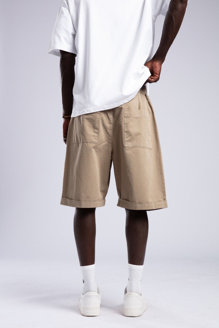 White Oversized Tee & Beige Cargo Shorts Set