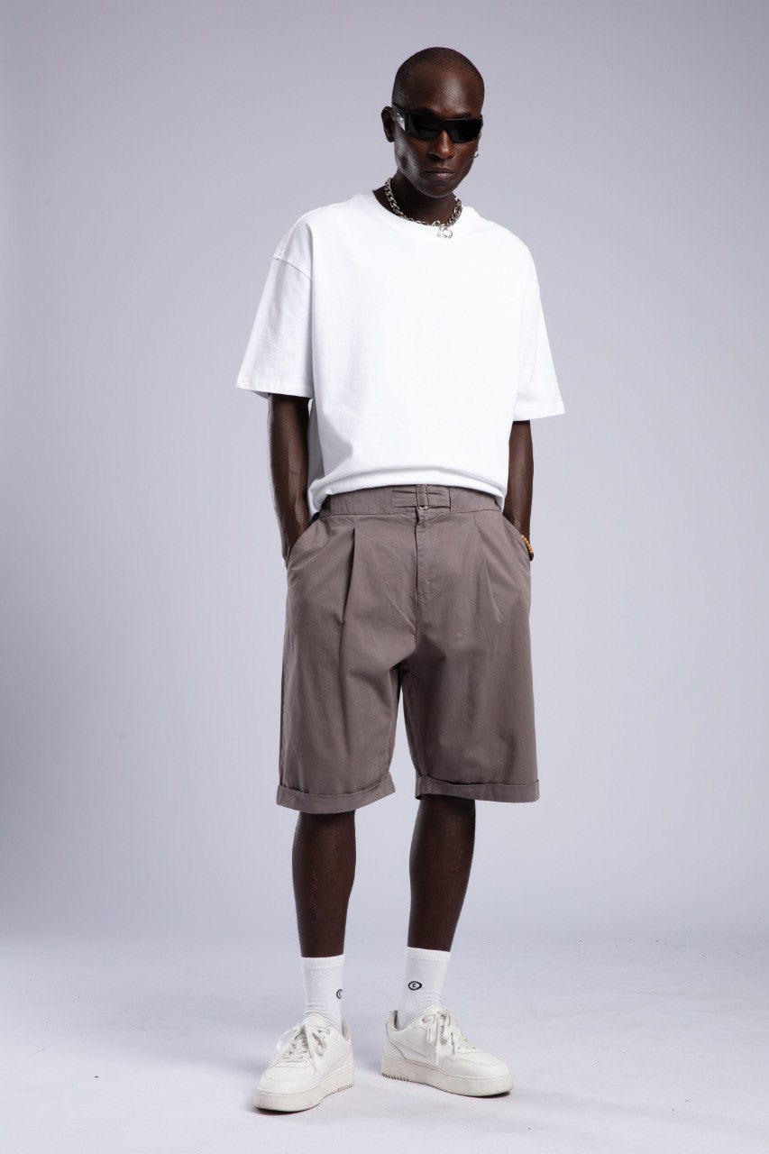 White Oversized Tee & Grey Pleated Shorts Set
