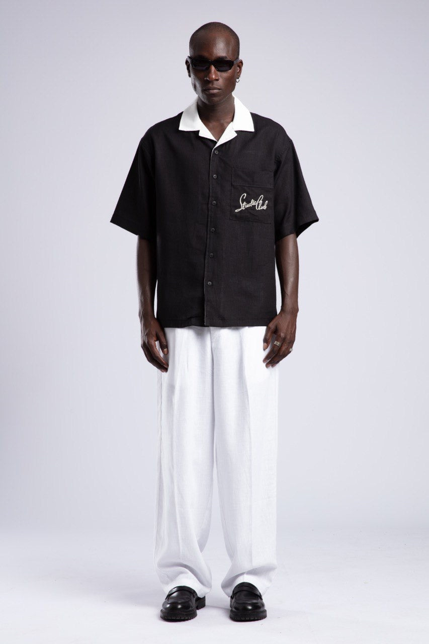 Black Button-Down Shirt & White Wide-Leg Pants Set