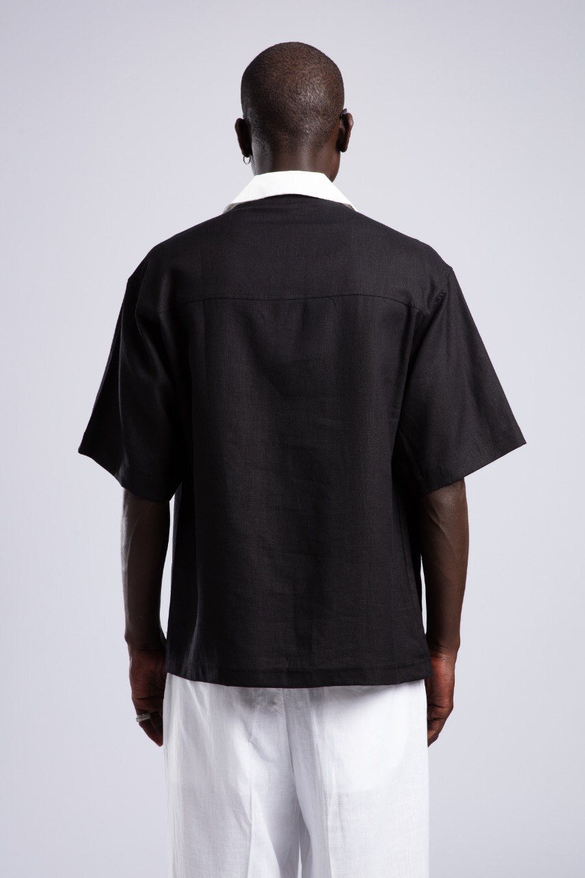 Black Button-Down Shirt & White Wide-Leg Pants Set