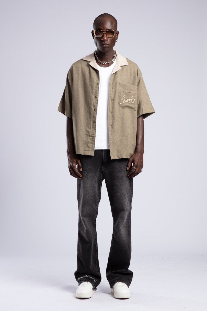 Khaki Button-Down Shirt & Black Flared Jeans Set