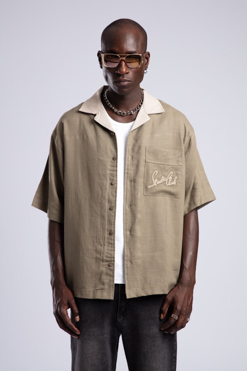 Khaki Button-Down Shirt & Black Flared Jeans Set