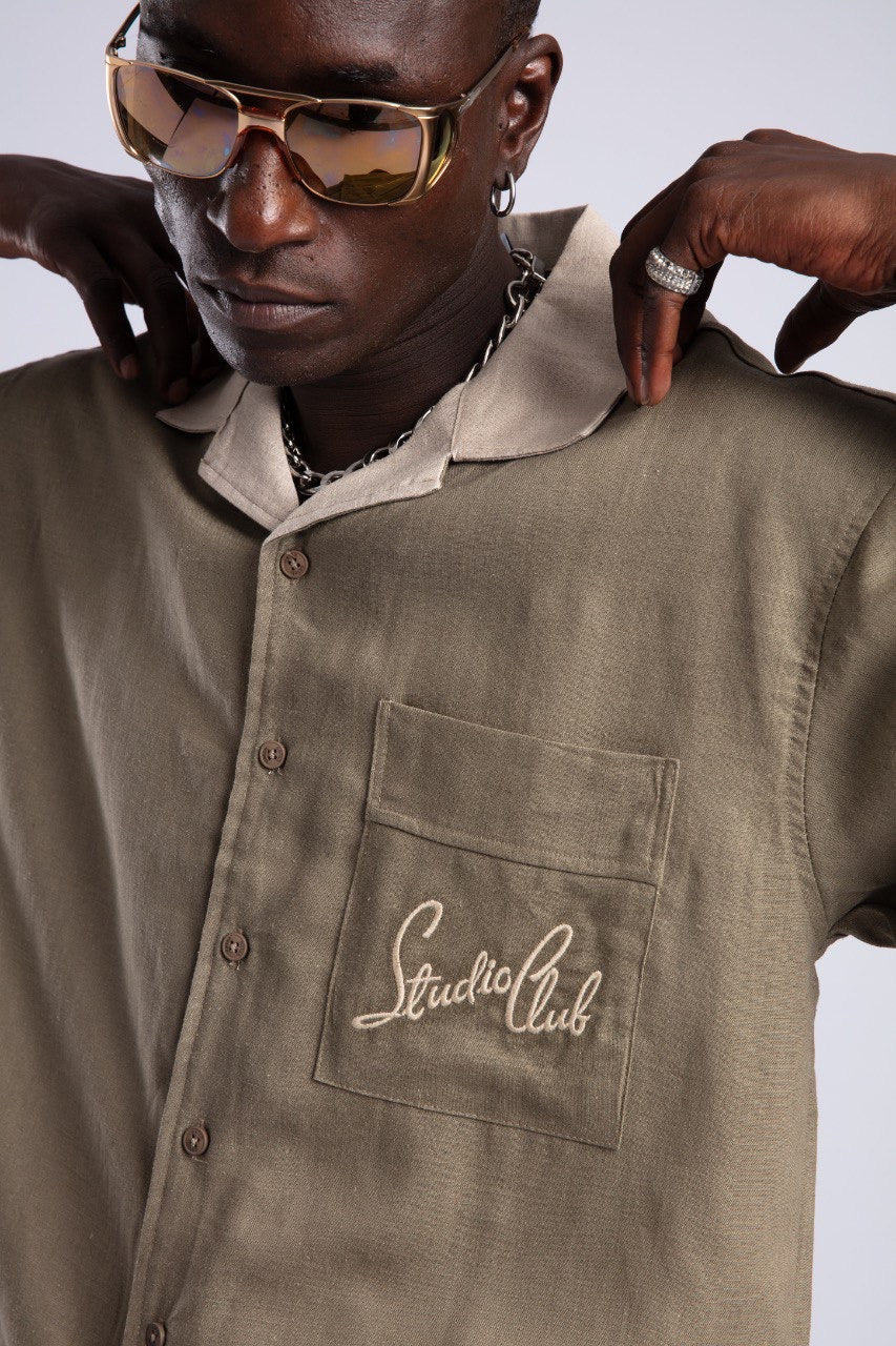 Khaki Button-Down Shirt & Black Flared Jeans Set