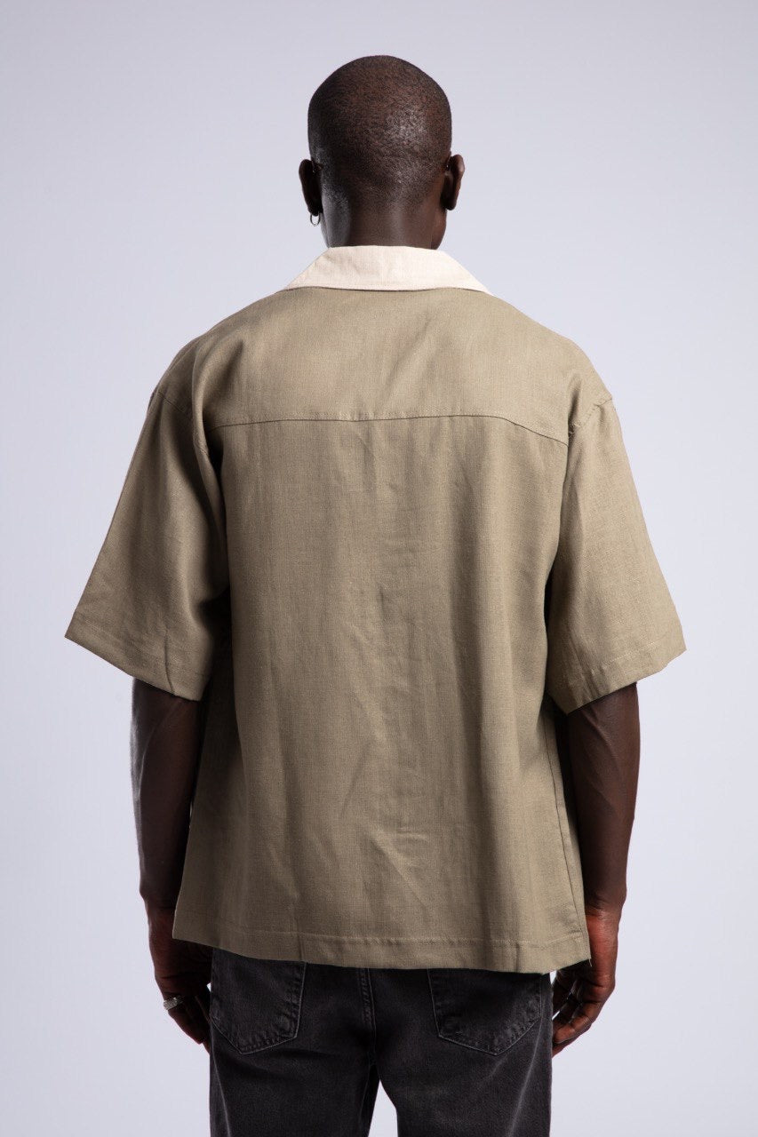 Khaki Button-Down Shirt & Black Flared Jeans Set