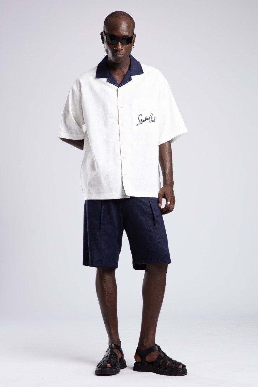 White Button-Down Shirt & Navy Pleated Shorts Set