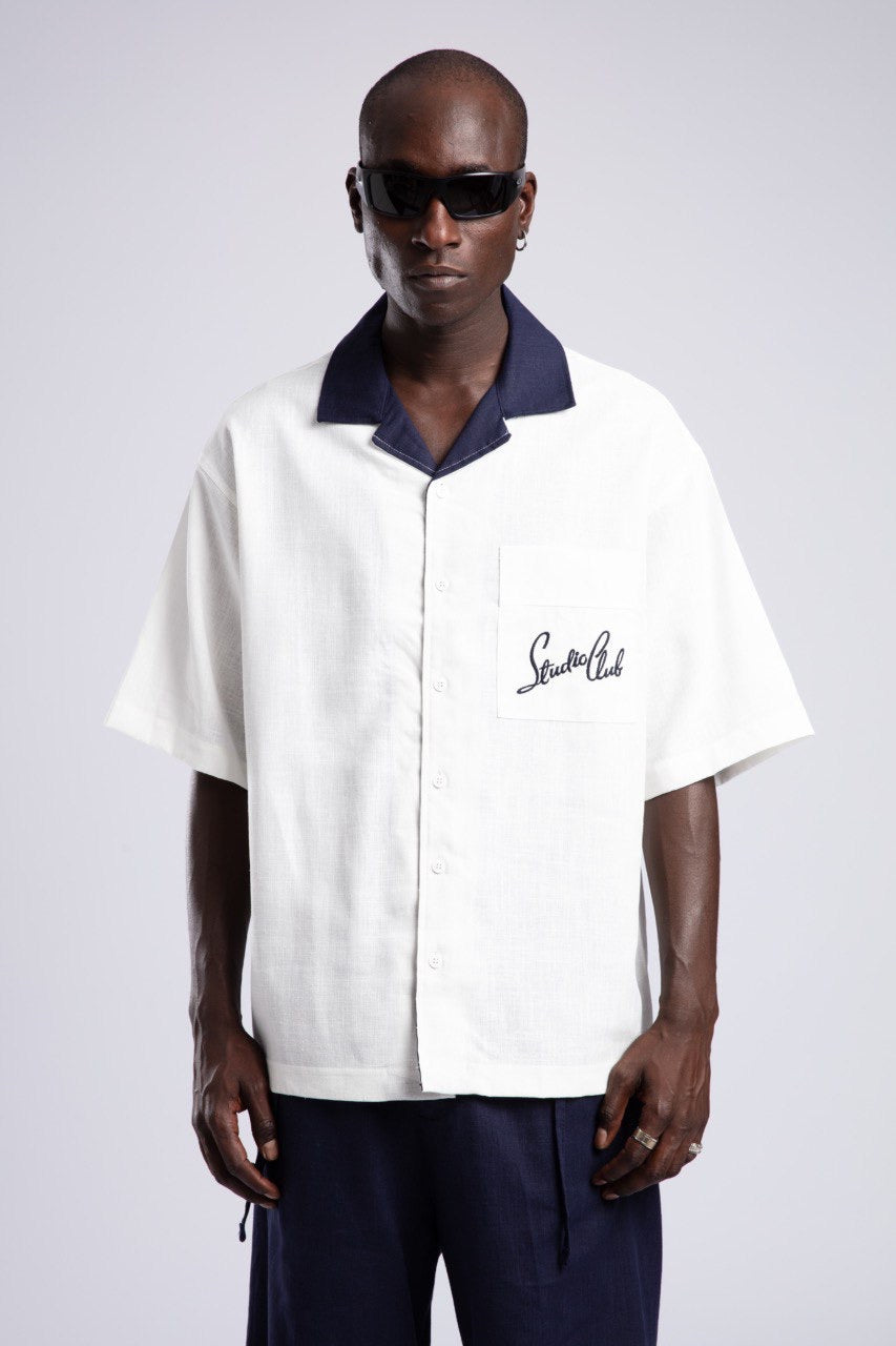 White Button-Down Shirt & Navy Pleated Shorts Set