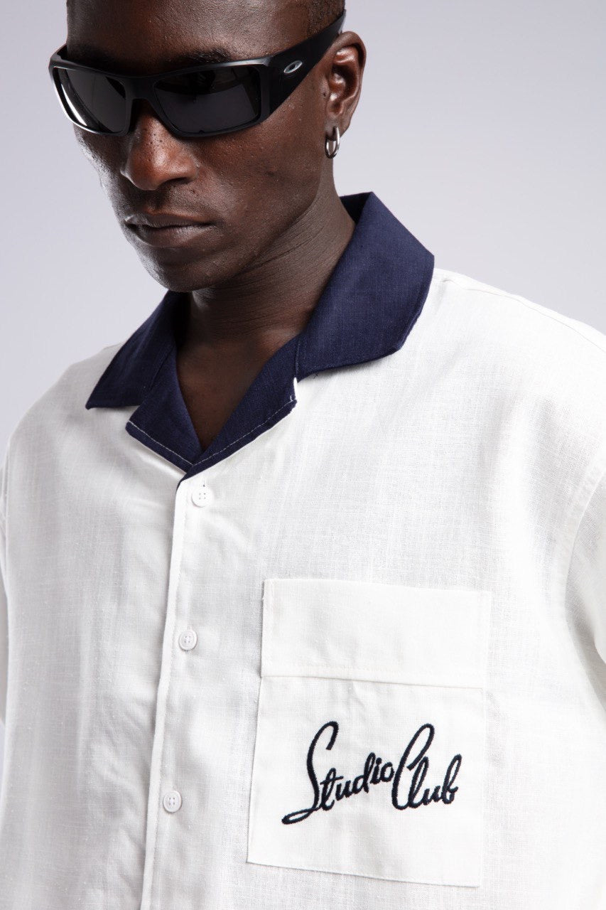 White Button-Down Shirt & Navy Pleated Shorts Set