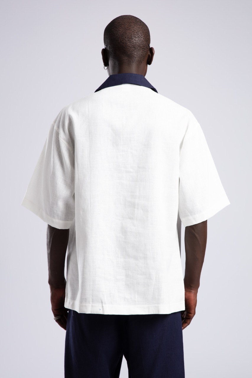 White Button-Down Shirt & Navy Pleated Shorts Set