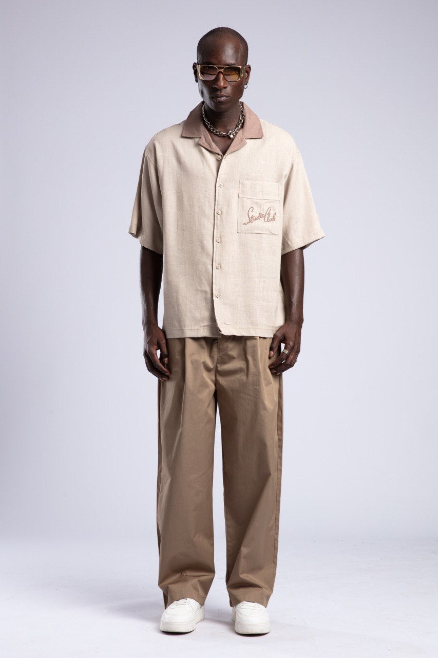 Beige Button-Down Shirt & Khaki Wide-Leg Pants Set