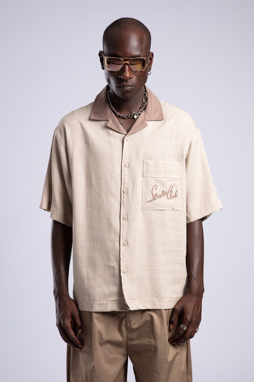 Beige Button-Down Shirt & Khaki Wide-Leg Pants Set