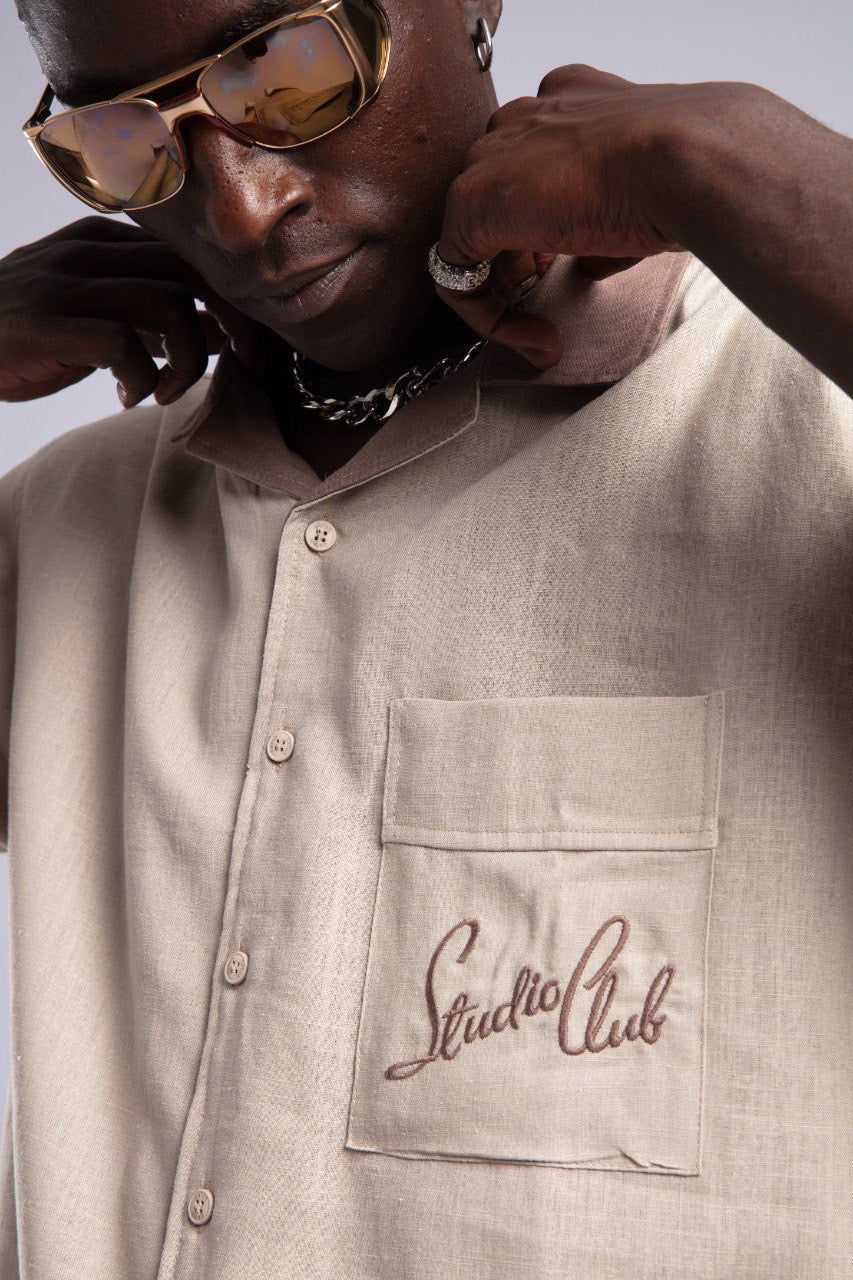 Beige Button-Down Shirt & Khaki Wide-Leg Pants Set