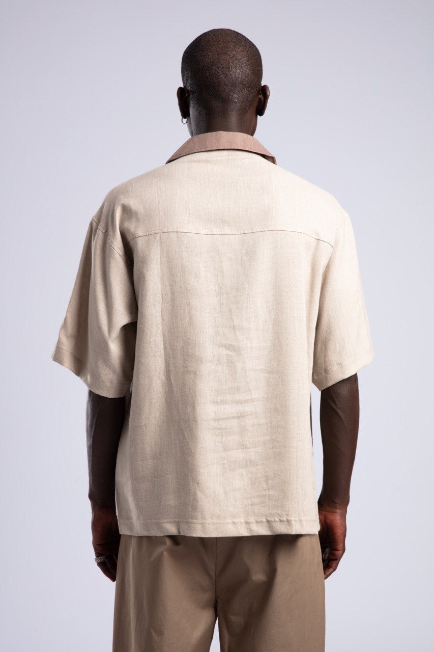 Beige Button-Down Shirt & Khaki Wide-Leg Pants Set