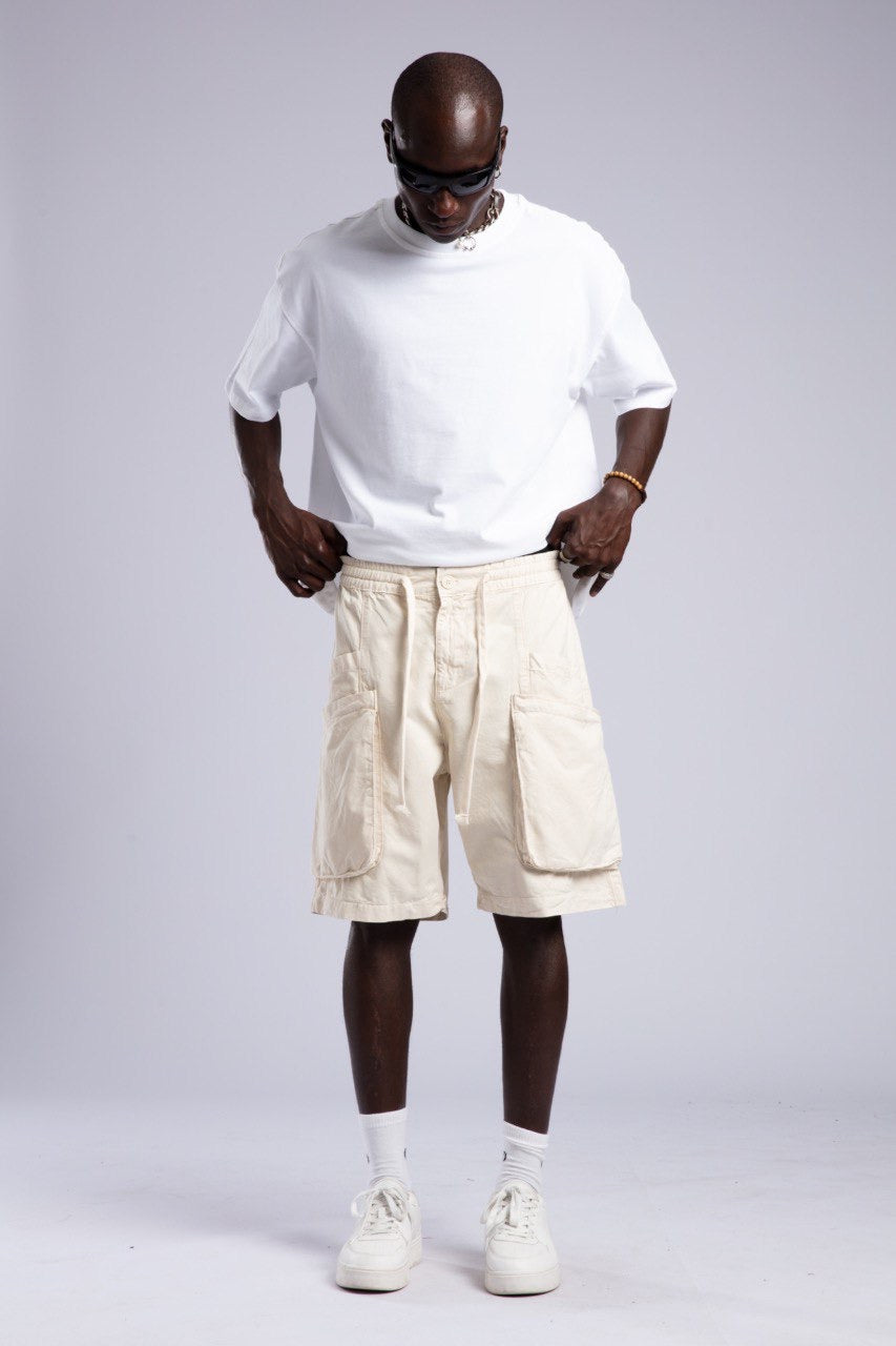 Men's White T-Shirt & Beige Cargo Shorts Set