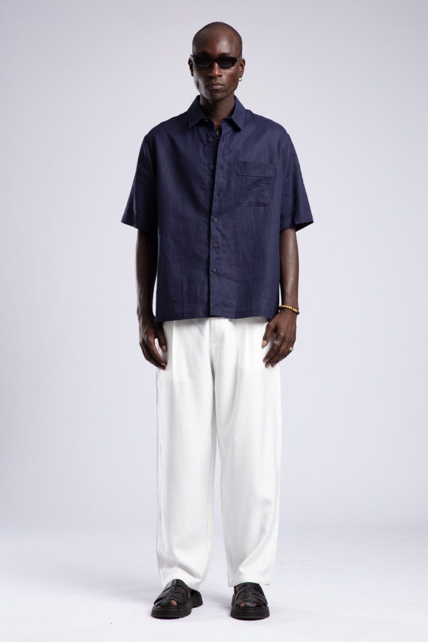 Men's Navy Short Sleeve Shirt & White Pants Set