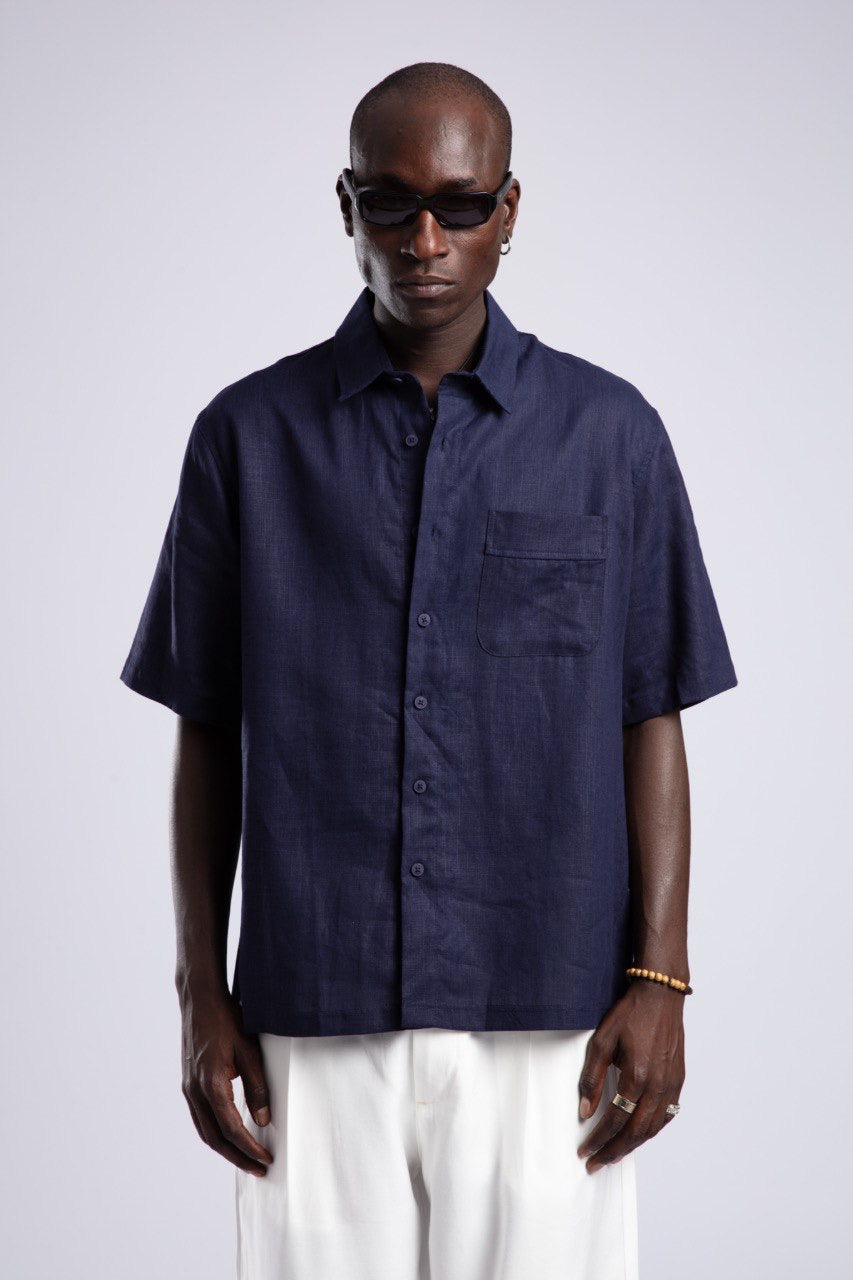 Men's Navy Short Sleeve Shirt & White Pants Set