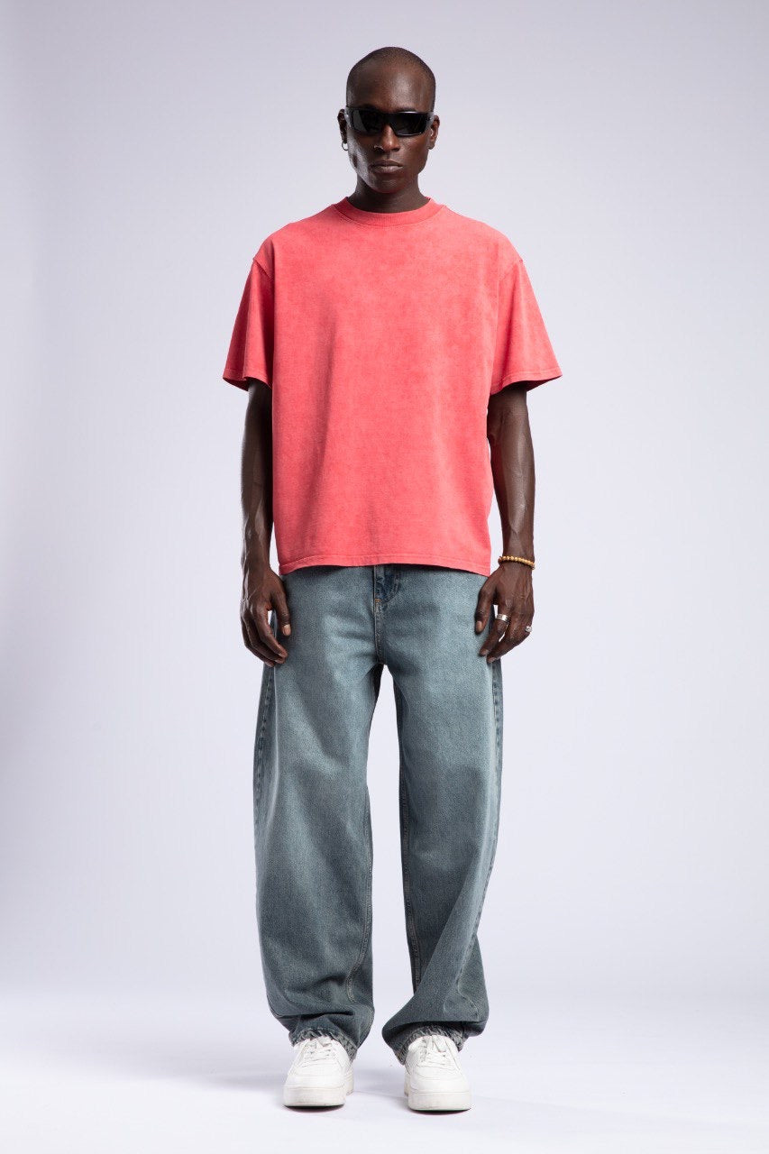 Men's Washed Coral Red Relaxed Fit Cotton T-Shirt