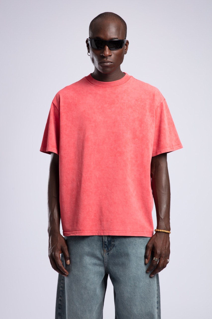 Men's Washed Coral Red Relaxed Fit Cotton T-Shirt