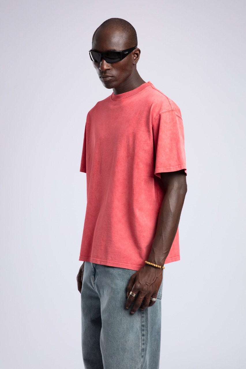 Men's Washed Coral Red Relaxed Fit Cotton T-Shirt