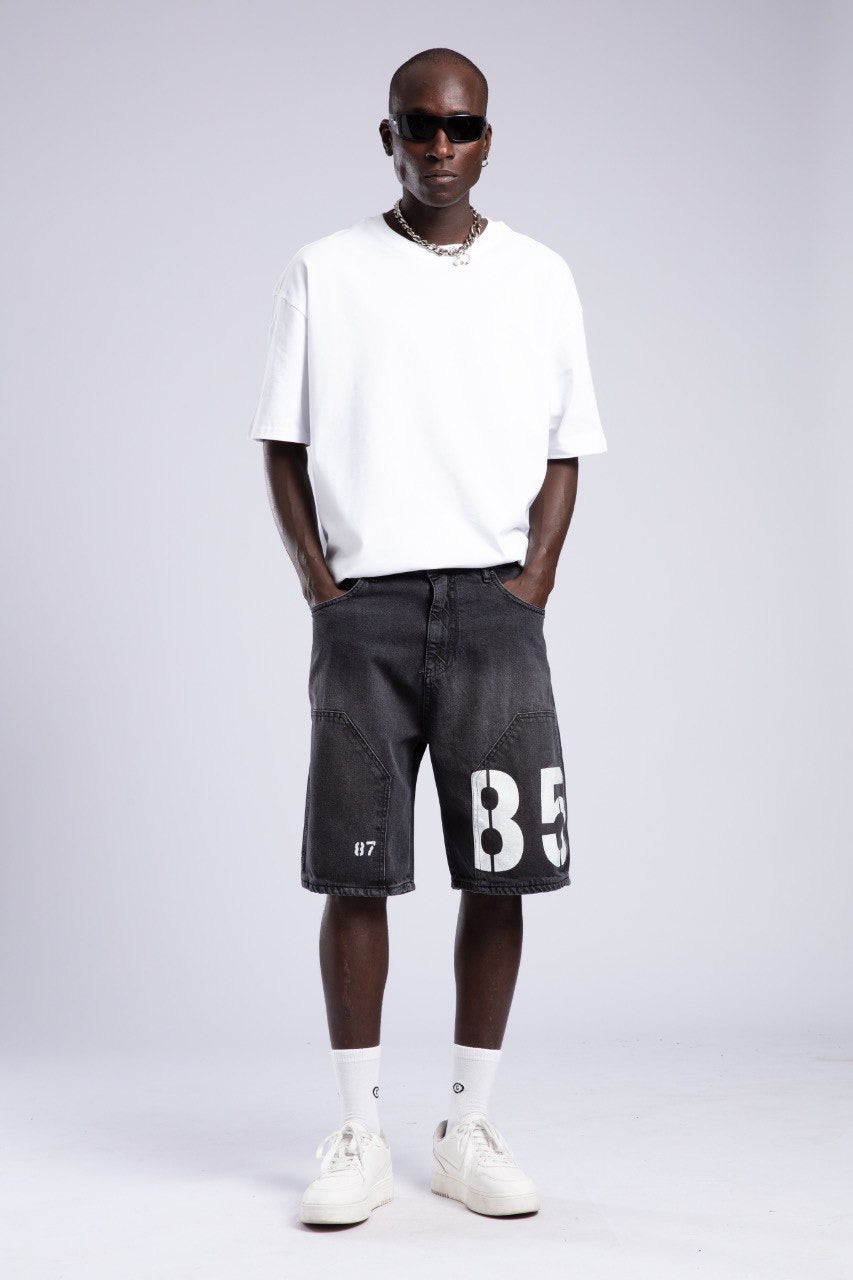 Men’s Black Denim Shorts with Bold 85 Print