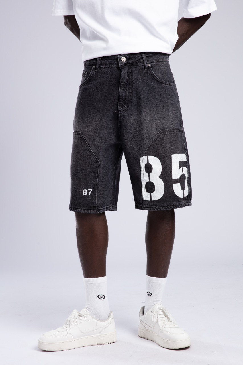 Men’s Black Denim Shorts with Bold 85 Print