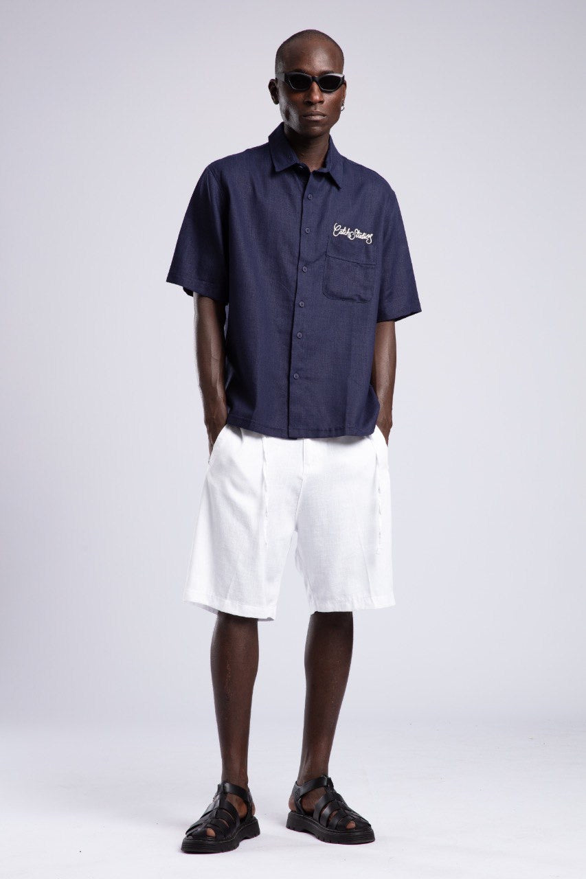 Navy Blue Short Sleeve Button-Up Shirt for Men