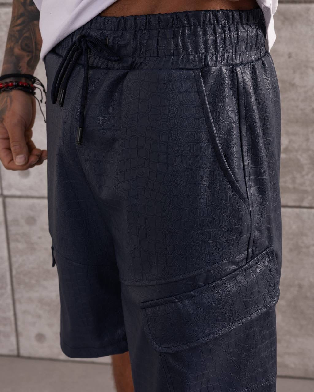 Croc-Print Cargo Shorts with Premium Leather Look