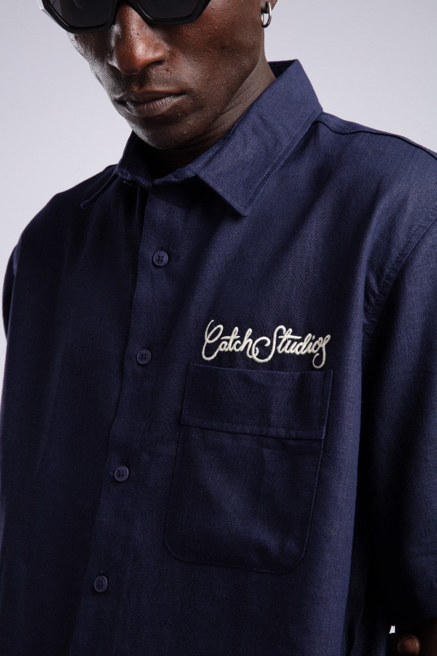 Navy Blue Short Sleeve Button-Up Shirt for Men