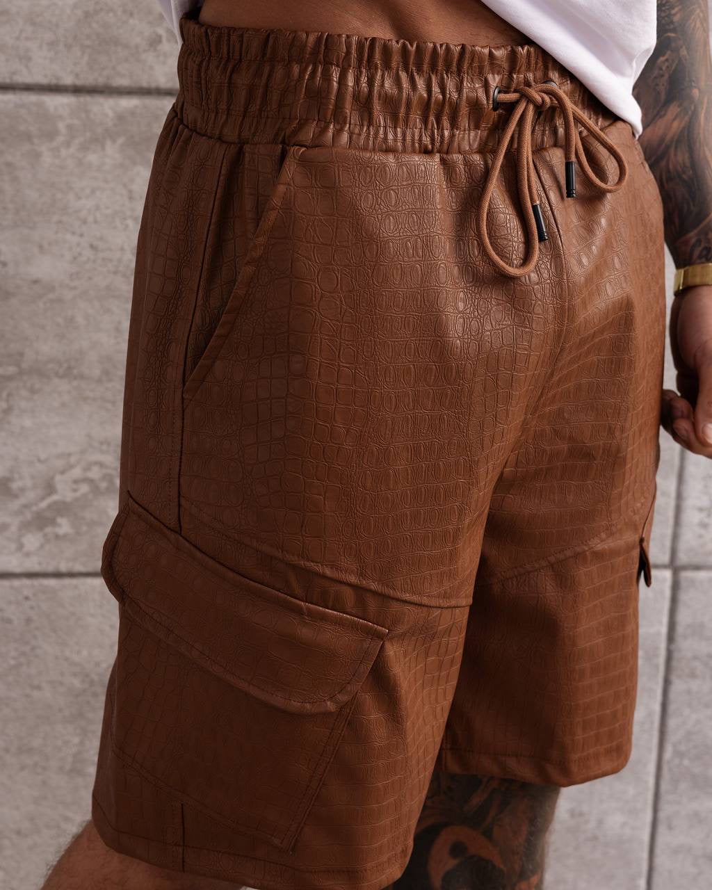 Croc-Print Cargo Shorts with Premium Leather Look