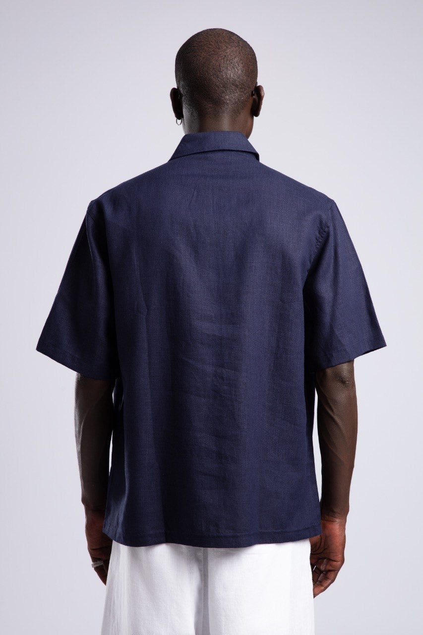 Navy Blue Short Sleeve Button-Up Shirt for Men