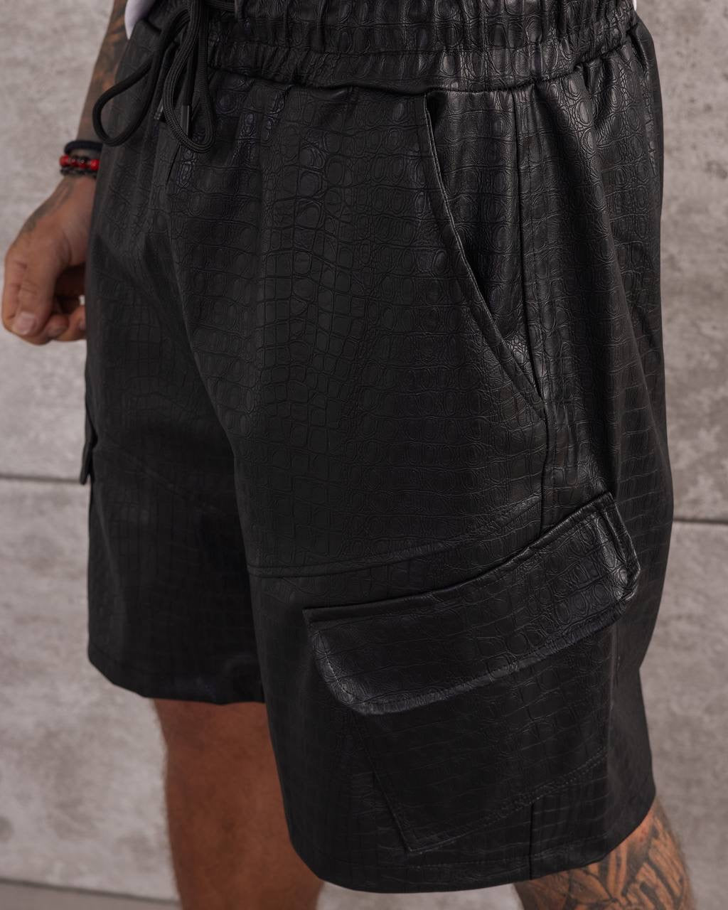 Croc-Print Cargo Shorts with Premium Leather Look