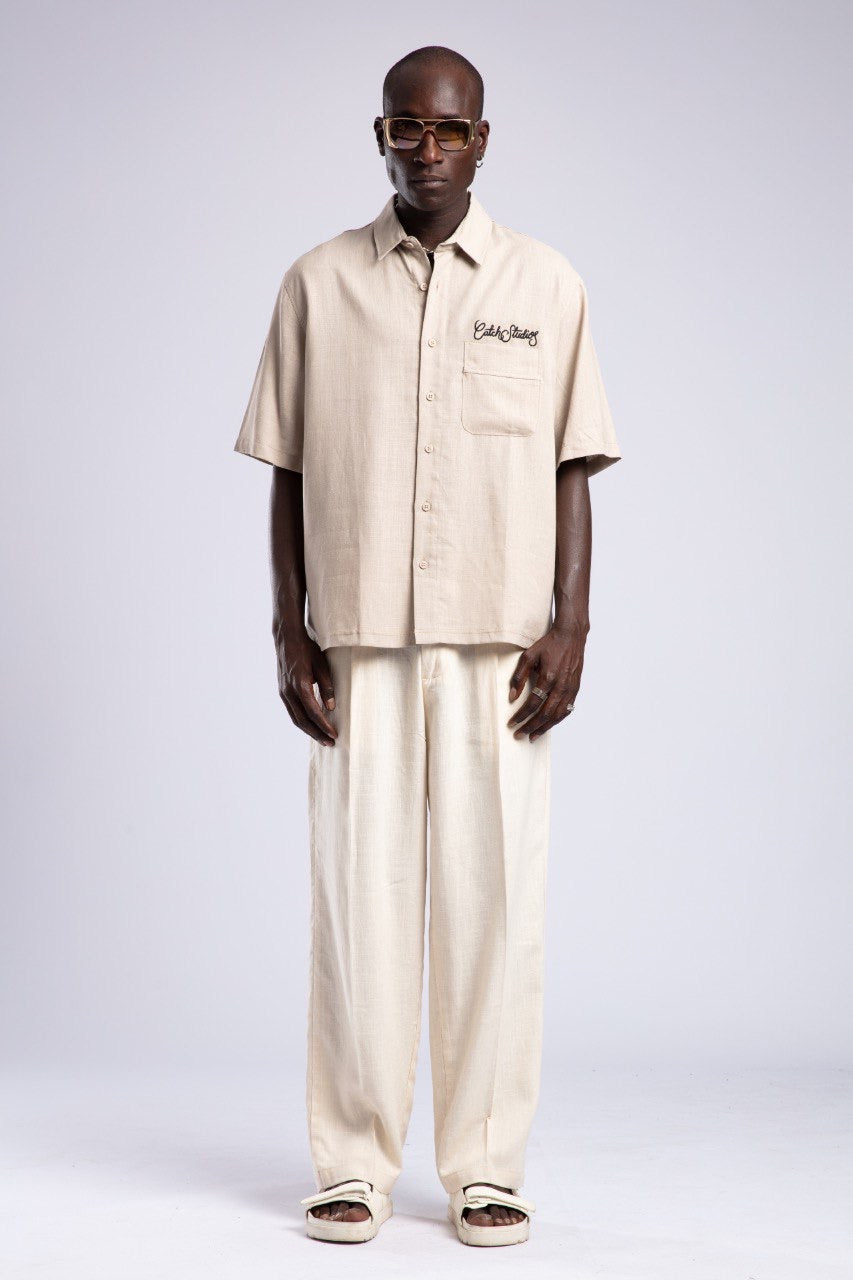 Beige Linen Blend Short Sleeve Button-Up Shirt