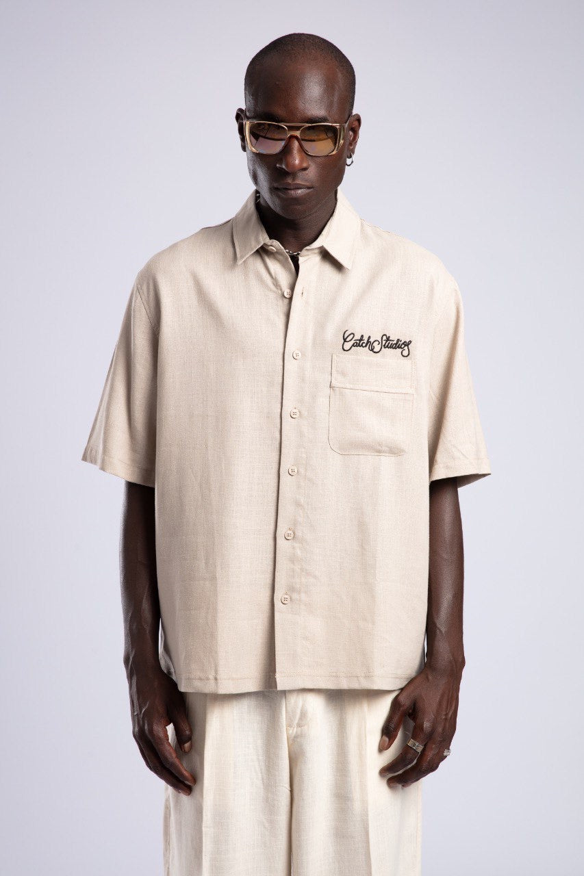 Beige Linen Blend Short Sleeve Button-Up Shirt