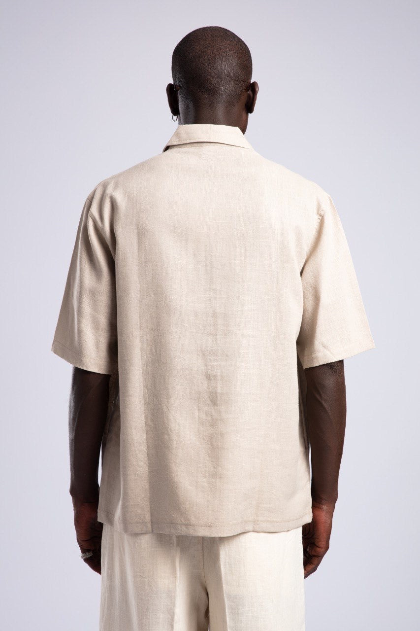 Beige Linen Blend Short Sleeve Button-Up Shirt