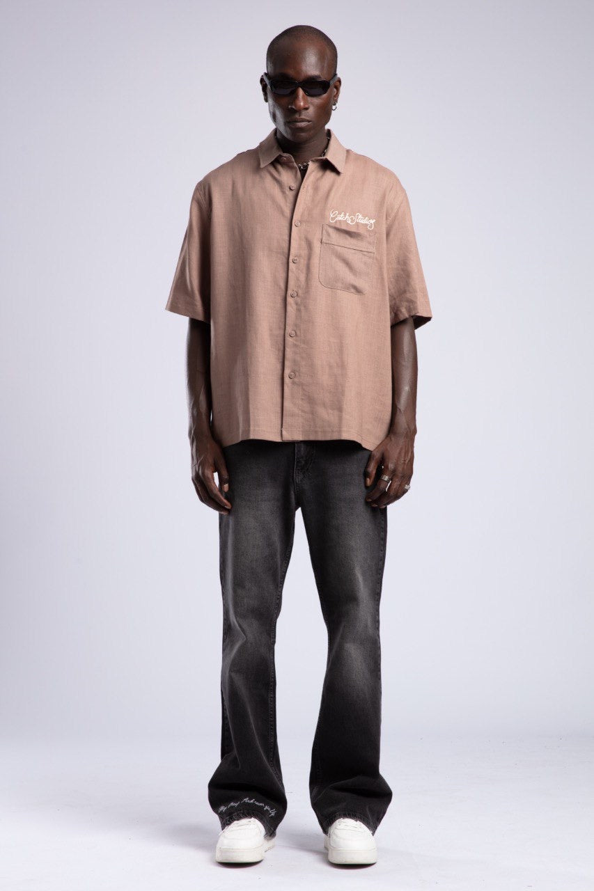 Men’s Brown Linen Blend Short Sleeve Button-Up Shirt