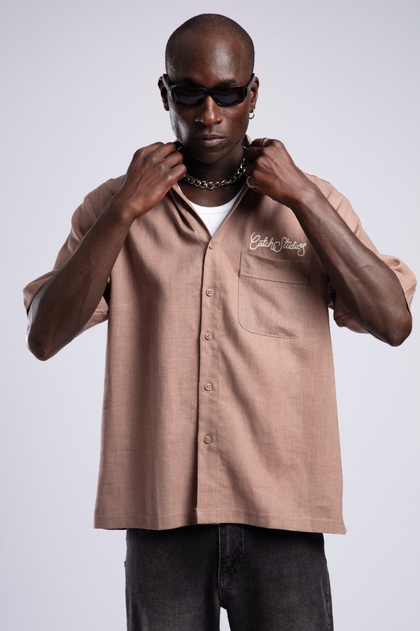 Men’s Brown Linen Blend Short Sleeve Button-Up Shirt