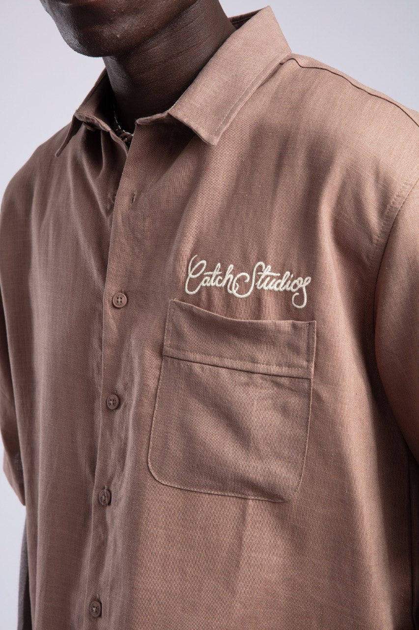 Men’s Brown Linen Blend Short Sleeve Button-Up Shirt