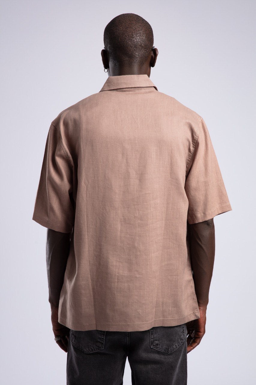 Men’s Brown Linen Blend Short Sleeve Button-Up Shirt