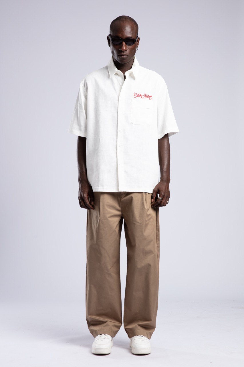 White Linen Blend Short Sleeve Shirt with Red Embroidery