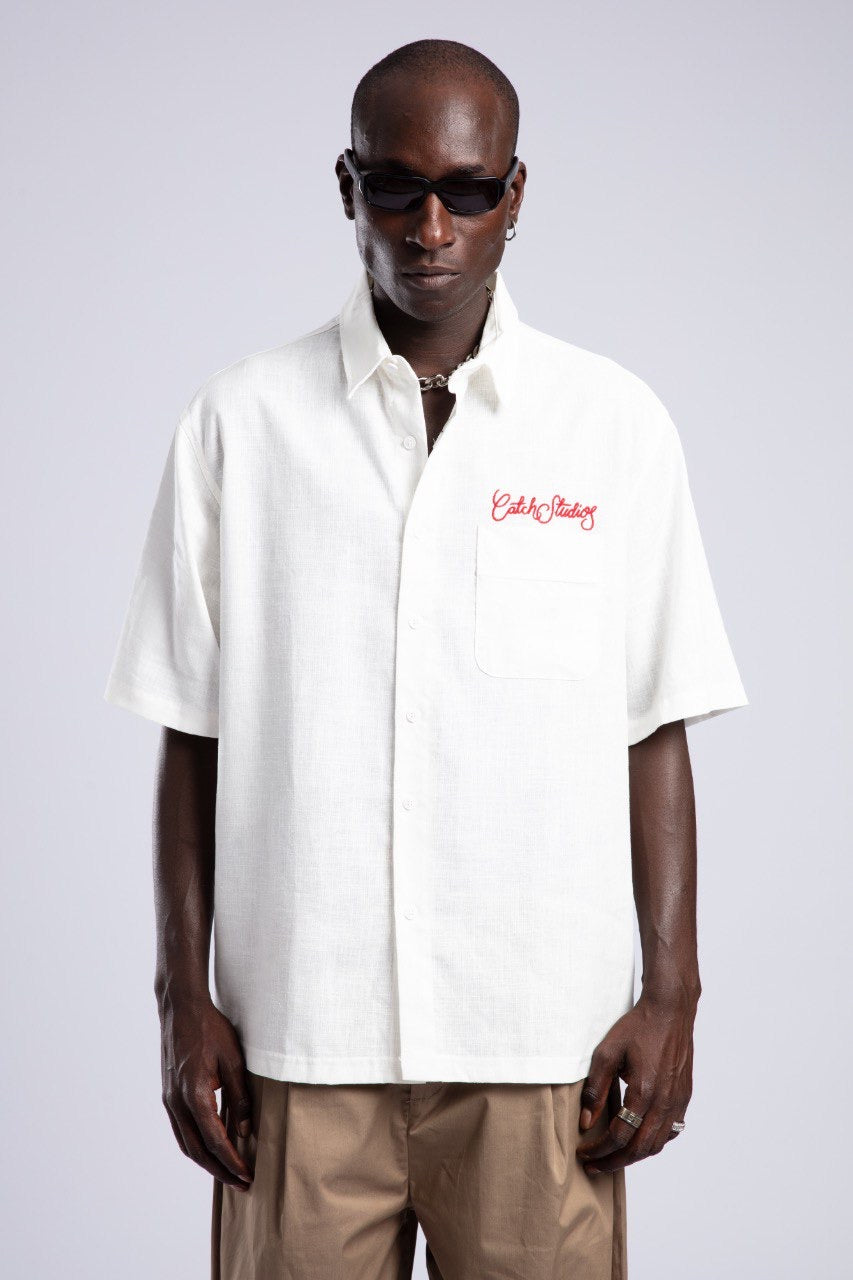 White Linen Blend Short Sleeve Shirt with Red Embroidery