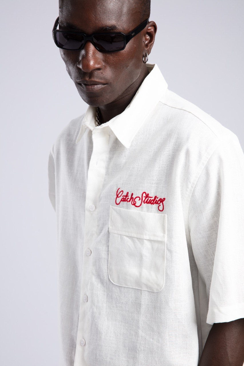 White Linen Blend Short Sleeve Shirt with Red Embroidery