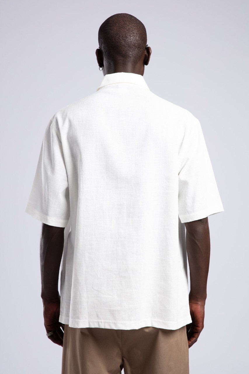 White Linen Blend Short Sleeve Shirt with Red Embroidery