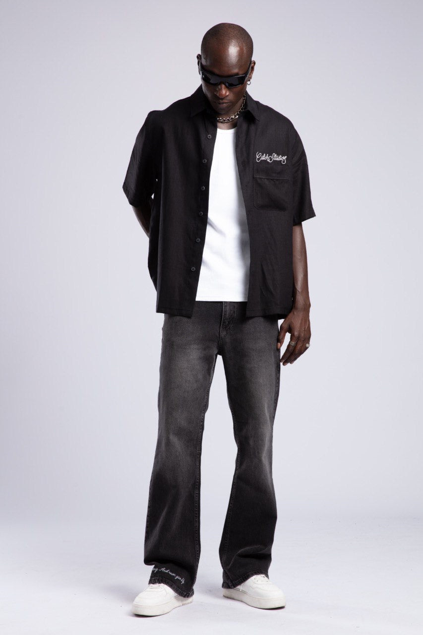 Black Linen Short Sleeve Button-Up Shirt – Catch Studios