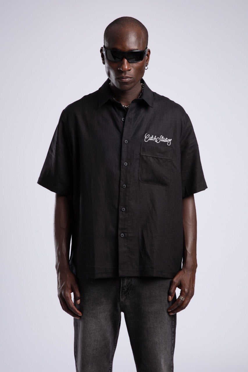 Black Linen Short Sleeve Button-Up Shirt – Catch Studios