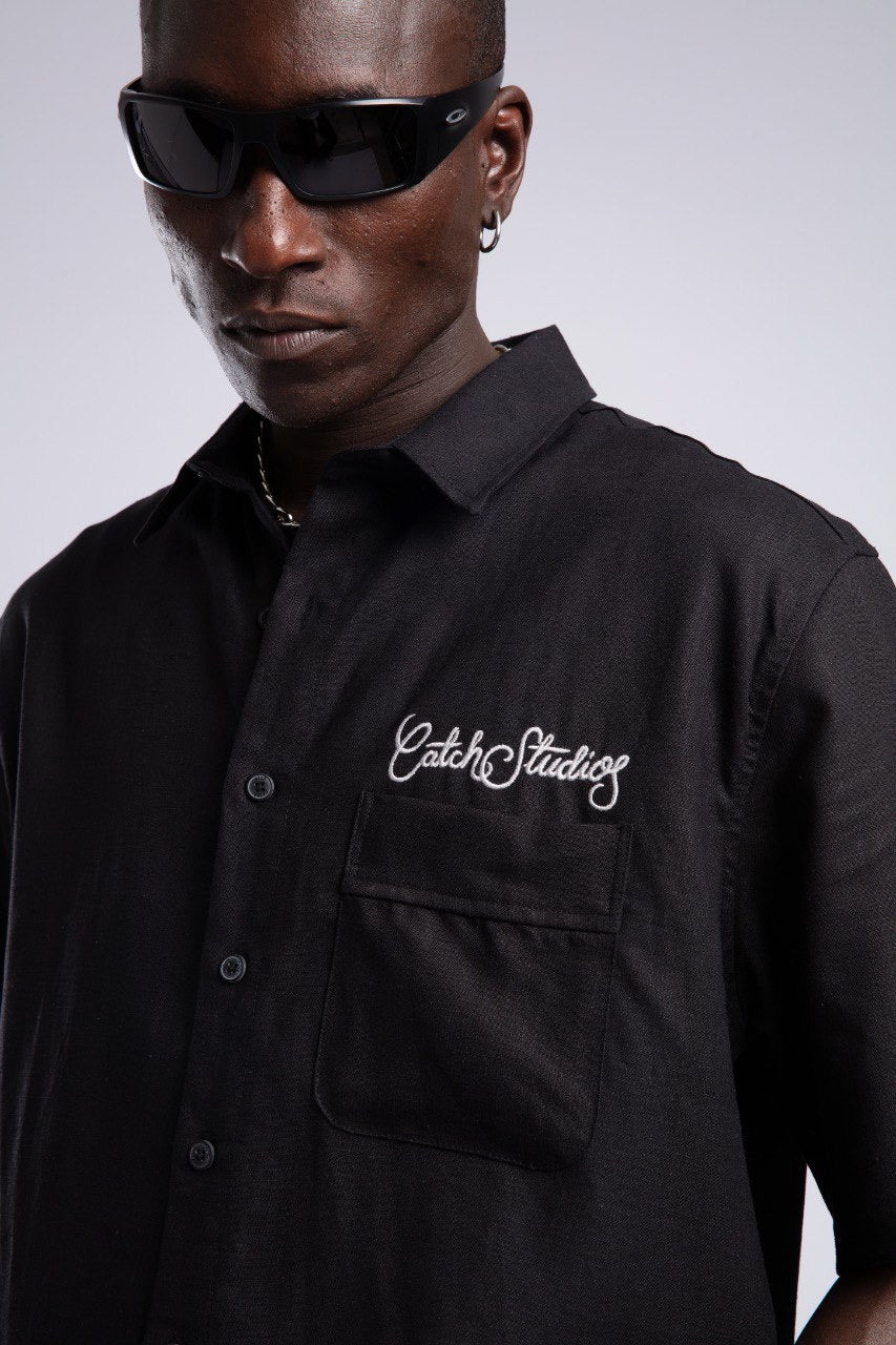 Black Linen Short Sleeve Button-Up Shirt – Catch Studios