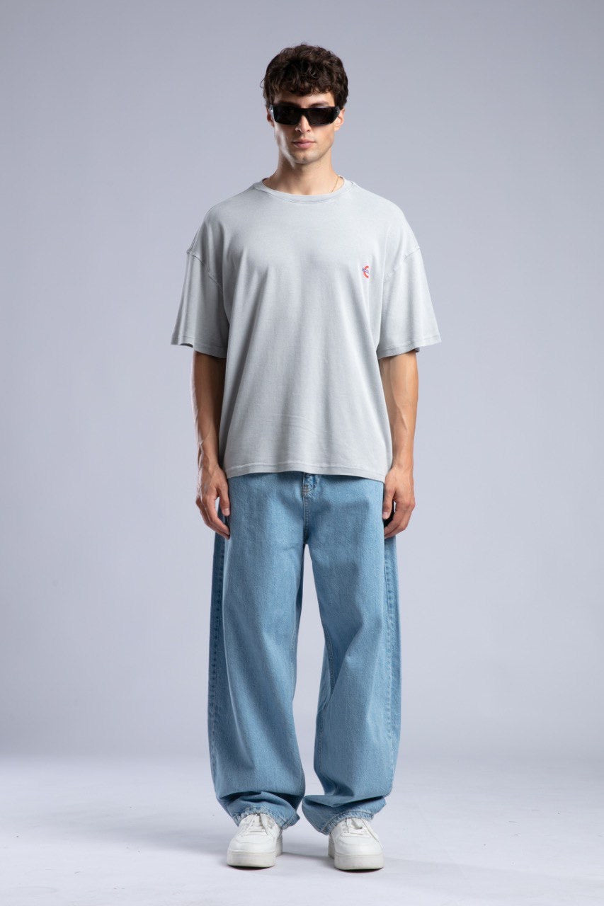 Minimal Logo Light Gray Oversized Tee for Streetwear