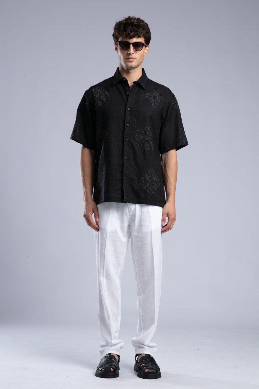 Black Short Sleeve Button-Up Shirt for Men Streetwear