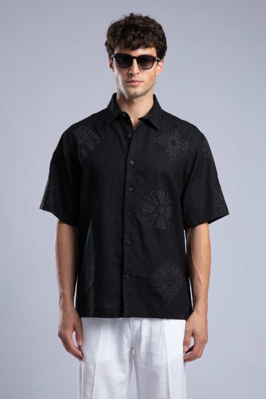 Black Short Sleeve Button-Up Shirt for Men Streetwear