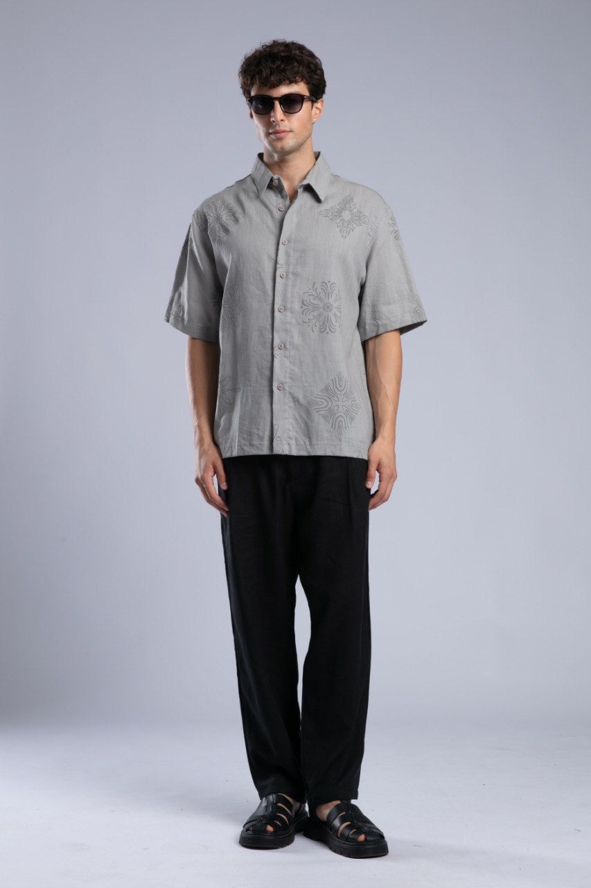 Gray Short Sleeve Button-Up Shirt for Men Streetwear